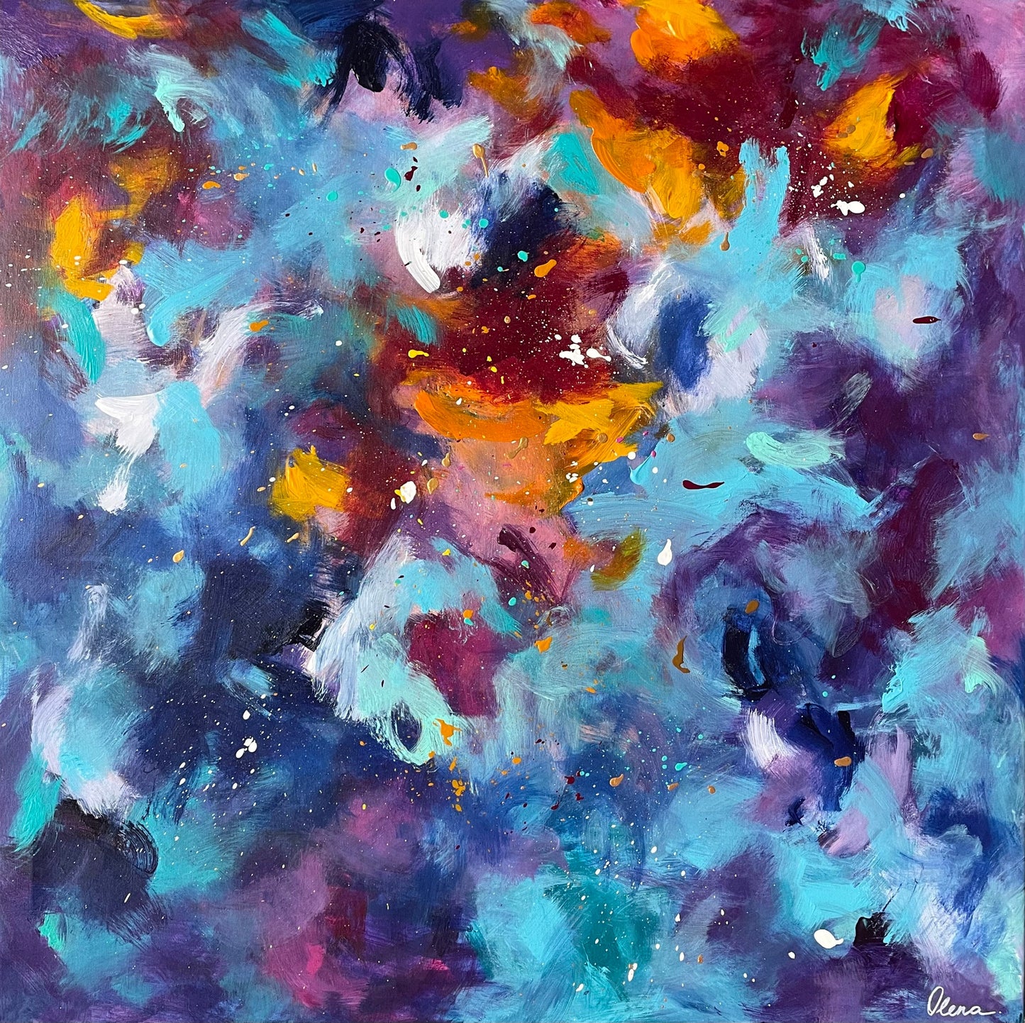 Abstract acrylic painting in vibrant colors. Square shaped. Blue, purple and yellow accents with gold spatters.